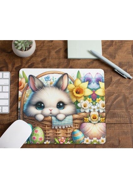 Sepetteki Paskalya Tavşanı ve Yumurtaları Dikdörtgen Baskılı Hediyelik ve Günlük Kullanıma Uygun Mouse Pad