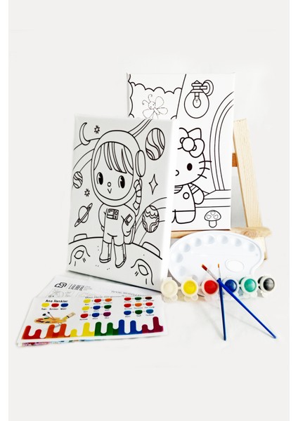 2'li Çocuk Ressam Seti - 2 Adet 20 x 30 cm Önçizimli Tuval, 2 Adet Fırça, Palet, Boyalar ve Şövale
