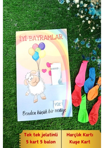 5 Adet Bayram Hediyesi Uçan Kuzucuk Harçlık Kartı & Renkli Balonlu Kurban Bayramı Hatıra Kartı