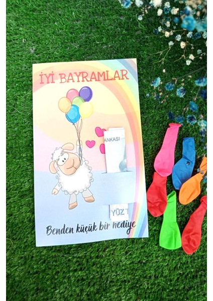 5 Adet Bayram Hediyesi Uçan Kuzucuk Harçlık Kartı & Renkli Balonlu Kurban Bayramı Hatıra Kartı