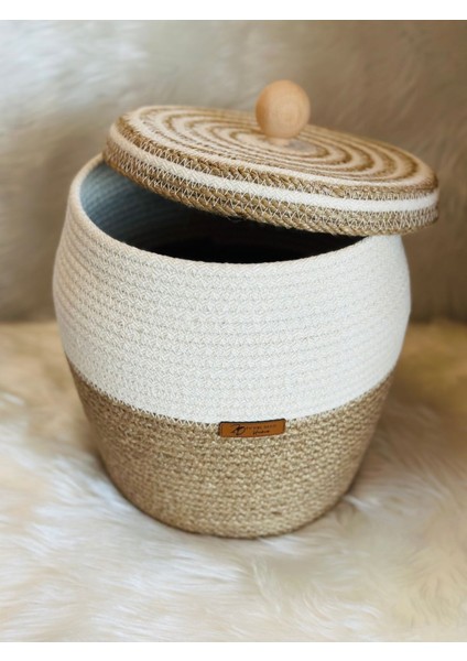 El Yapımı Kapaklı Bambu Kulplu Hasır Düzenleyici Sepet Ekru / Tek Ebat