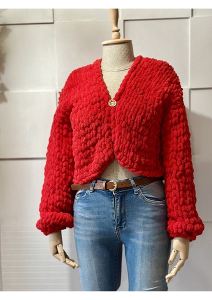 Kırmızı Örgü Chunky Puffy Kısa Hırka, Crop Hırka Kırmızı / Standart