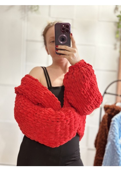 Kırmızı Örgü Chunky Puffy Kısa Hırka, Crop Hırka Kırmızı / Standart
