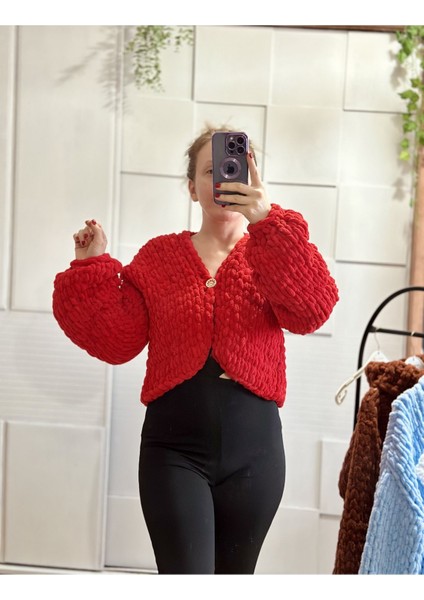 Kırmızı Örgü Chunky Puffy Kısa Hırka, Crop Hırka Kırmızı / Standart