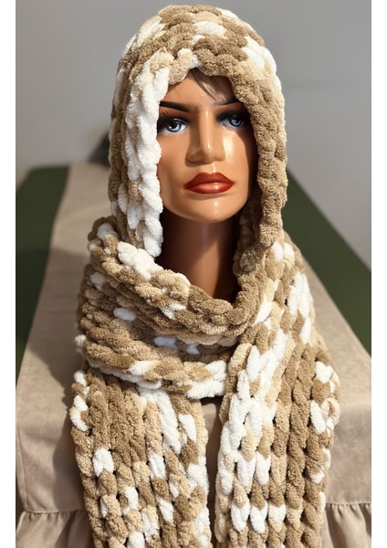 El Yapımı Örgü Puffy Polar Atkılı Bere Kahverengi / Tek Ebat