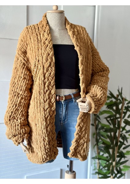 Zincir Detaylı Örgü Chunky Hırka, Peluş Hırka Kahverengi / Standart
