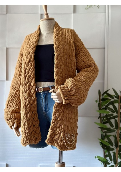 Zincir Detaylı Örgü Chunky Hırka, Peluş Hırka Kahverengi / Standart fiyatları