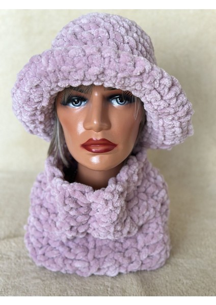 El Yapımı Örgü Puffy Chunky Peluş Şapka ve Boyunluk Seti, Örgü Bere Lila / Tek Ebat