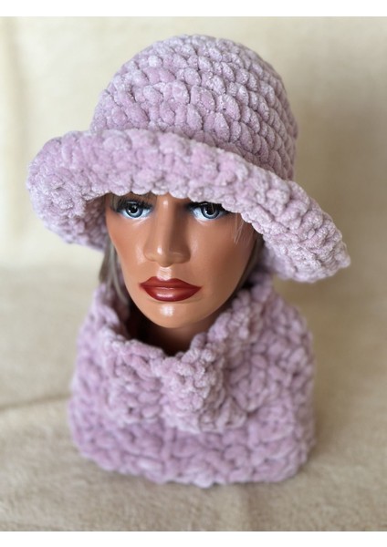 El Yapımı Örgü Puffy Chunky Peluş Şapka ve Boyunluk Seti, Örgü Bere Lila / Tek Ebat