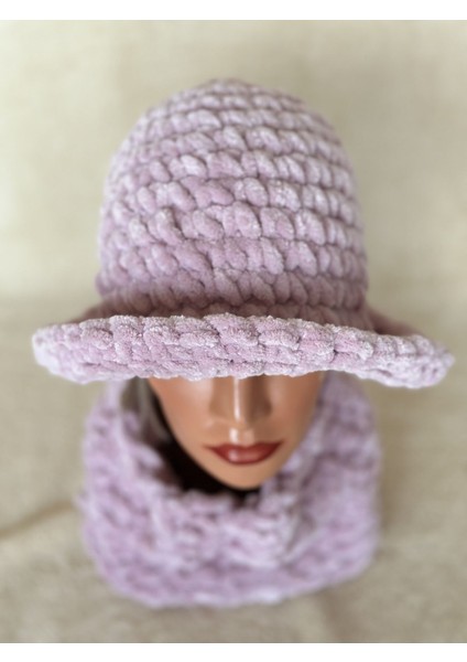 El Yapımı Örgü Puffy Chunky Peluş Şapka ve Boyunluk Seti, Örgü Bere Lila / Tek Ebat
