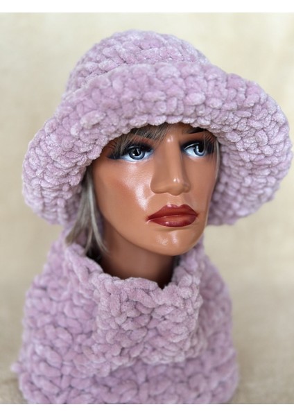 El Yapımı Örgü Puffy Chunky Peluş Şapka ve Boyunluk Seti, Örgü Bere Lila / Tek Ebat