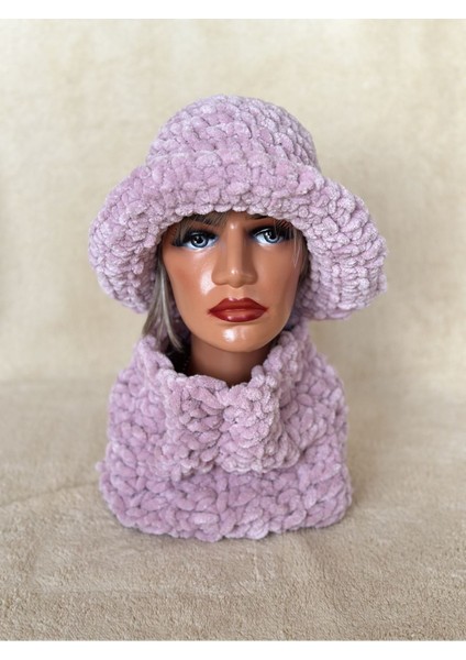 El Yapımı Örgü Puffy Chunky Peluş Şapka ve Boyunluk Seti, Örgü Bere Lila / Tek Ebat