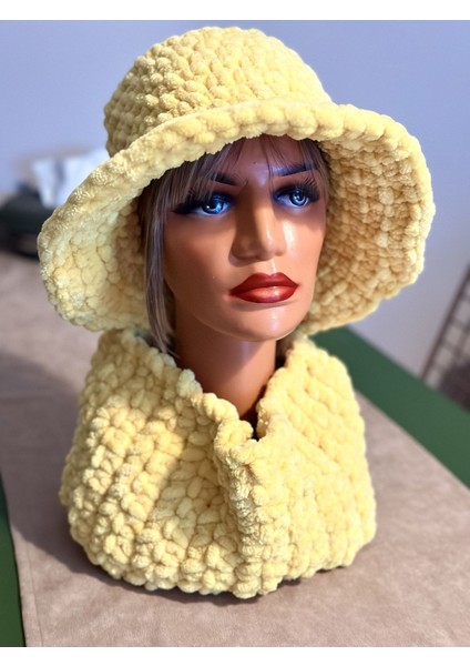 El Yapımı Örgü Puffy Chunky Peluş Şapka ve Boyunluk Seti, Örgü Bere Sarı / Tek Ebat