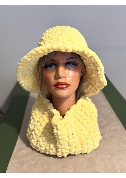El Yapımı Örgü Puffy Chunky Peluş Şapka ve Boyunluk Seti, Örgü Bere Sarı / Tek Ebat