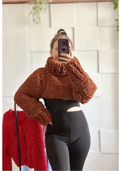 Örgü Puffy Chunky Crop Boğazlı Kazak, Bolero Tarçın / Standart