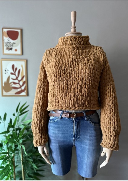 El Yapımı Örgü Puffy Polar Chunky Kazak Kahverengi / Standart