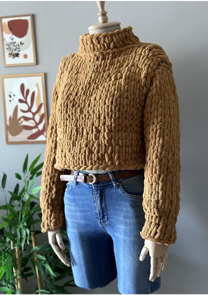 El Yapımı Örgü Puffy Polar Chunky Kazak Kahverengi / Standart fiyatları