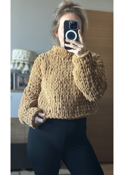 El Yapımı Örgü Puffy Polar Chunky Kazak Kahverengi / Standart modelleri