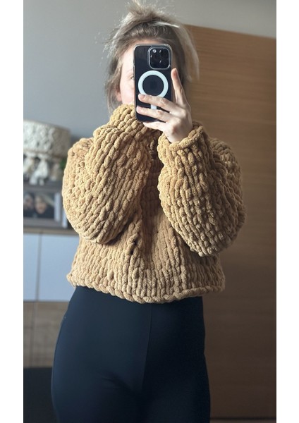 El Yapımı Örgü Puffy Polar Chunky Kazak Kahverengi / Standart fırsatları