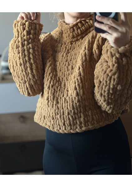 El Yapımı Örgü Puffy Polar Chunky Kazak Kahverengi / Standart indirimleri