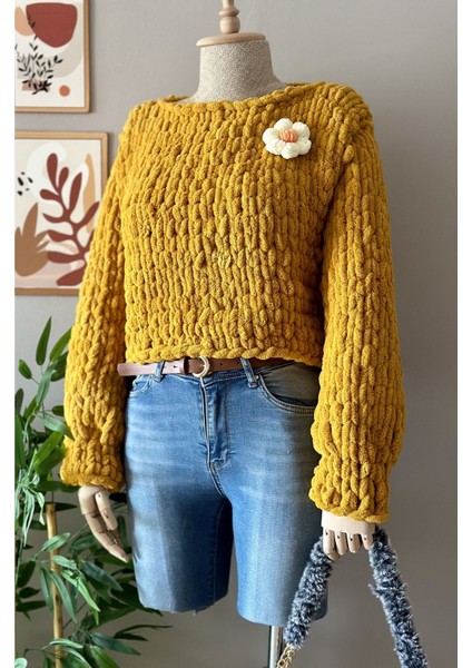 El Yapımı Hardal Örgü Puffy Polar Chunky Kazak Peluş Kazak Hardal / Standart