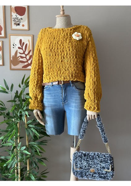 El Yapımı Hardal Örgü Puffy Polar Chunky Kazak Peluş Kazak Hardal / Standart fiyatları