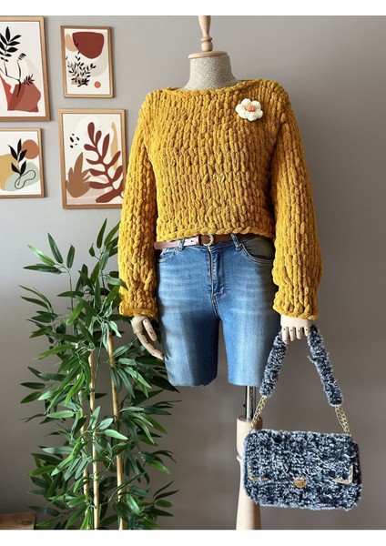 El Yapımı Hardal Örgü Puffy Polar Chunky Kazak Peluş Kazak Hardal / Standart modelleri