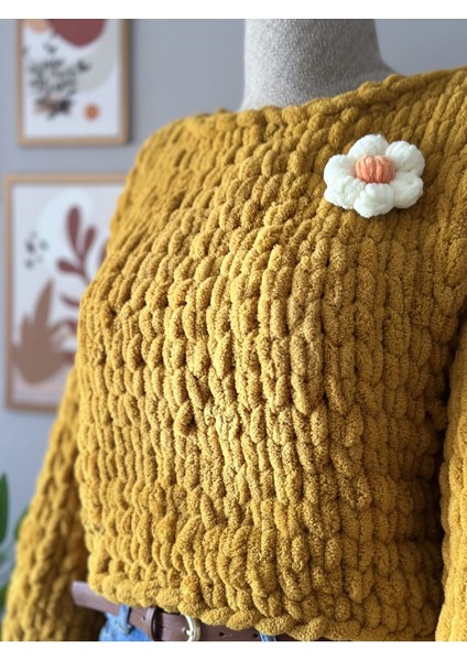 El Yapımı Hardal Örgü Puffy Polar Chunky Kazak Peluş Kazak Hardal / Standart fırsatları