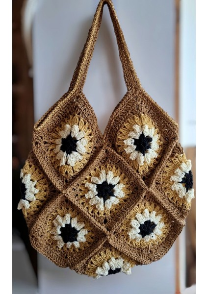40X45 El Örgüsü Motifli Bohem Hasır Çanta, Plaj Çantası, Günlük Çanta Kahverengi / Standart