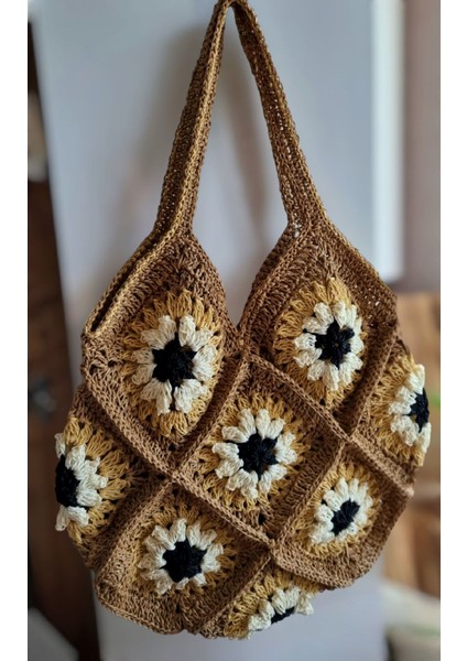 40X45 El Örgüsü Motifli Bohem Hasır Çanta, Plaj Çantası, Günlük Çanta Kahverengi / Standart fiyatları