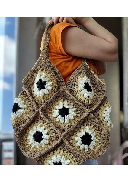 40X45 El Örgüsü Motifli Bohem Hasır Çanta, Plaj Çantası, Günlük Çanta Kahverengi / Standart modelleri