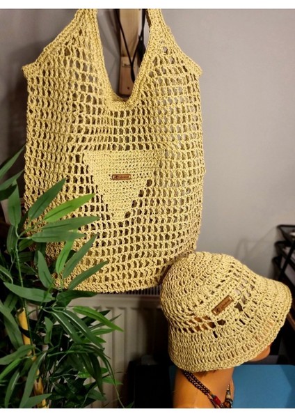 Crochet Büyük Boy Hasır Üçgen Detay Plaj Çantası, Hasır Çanta Hasır / Tek Ebat / Tek Ebat