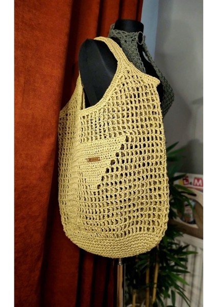 Crochet Büyük Boy Hasır Üçgen Detay Plaj Çantası, Hasır Çanta Hasır / Tek Ebat / Tek Ebat