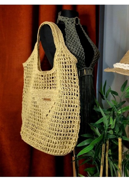 Crochet Büyük Boy Hasır Üçgen Detay Plaj Çantası, Hasır Çanta Hasır / Tek Ebat / Tek Ebat