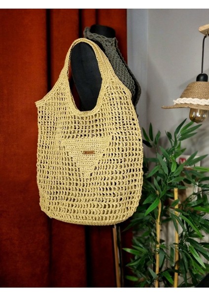 Crochet Büyük Boy Hasır Üçgen Detay Plaj Çantası, Hasır Çanta Hasır / Tek Ebat / Tek Ebat
