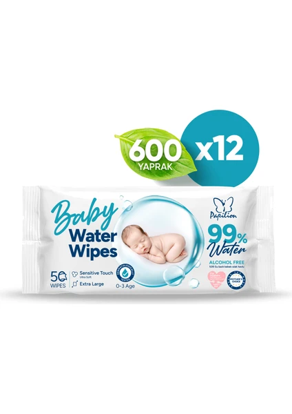 Baby Water Wipes %99 Saf Su İçeren Bebek Islak Havlu 12x50 - 600 Yaprak Süper Ekonomik Paket