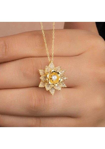 925 Ayar Gümüş Gold Beyaz Taşlı Lotus Çiçeği Kadın Kolye modelleri