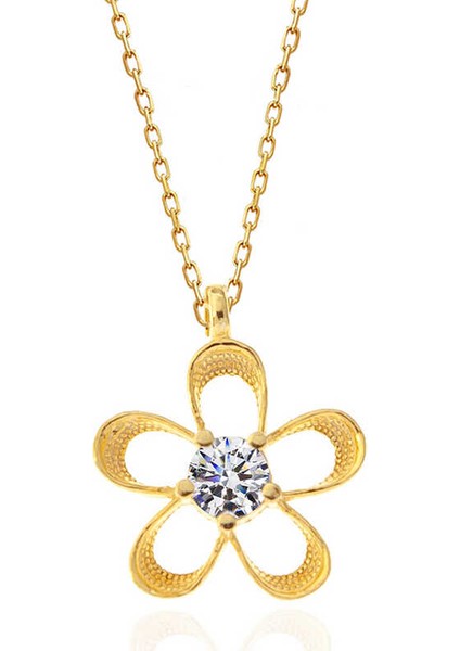​925 Ayar Gümüş Gold Zirkon Taşlı Çiçek Kadın Kolye modelleri