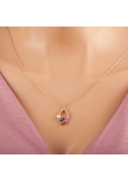 925 Ayar Gümüş Rose Renkli Taşlı Çiçekli Kadın Kolye