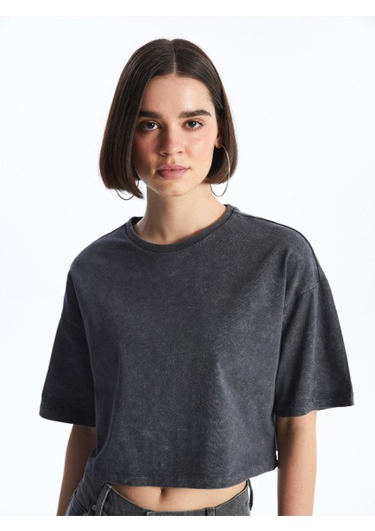 Xsıde Bisiklet Yaka Düz Kısa Kollu Oversize Kadın Crop