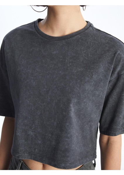 Xsıde Bisiklet Yaka Düz Kısa Kollu Oversize Kadın Crop