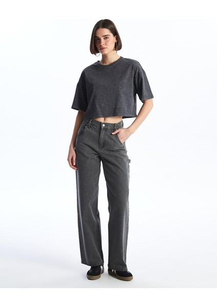 Xsıde Bisiklet Yaka Düz Kısa Kollu Oversize Kadın Crop