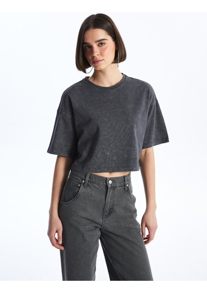 Xsıde Bisiklet Yaka Düz Kısa Kollu Oversize Kadın Crop