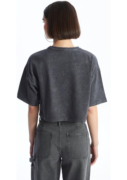 Xsıde Bisiklet Yaka Düz Kısa Kollu Oversize Kadın Crop