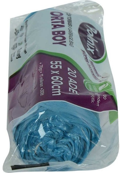 Çöp Torbası Orta Boy 55x60cm 70gr 11MIKRON 30lt Mavi Rulo 20 Adet