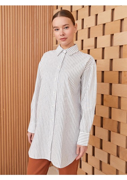 Lcw Modest Çizgili Uzun Kollu Poplin Kadın Gömlek Tunik