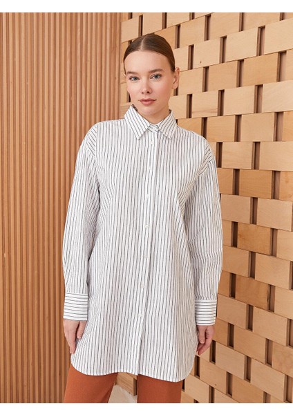 Lcw Modest Çizgili Uzun Kollu Poplin Kadın Gömlek Tunik