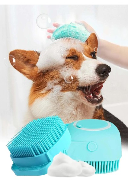 Şampuan Hazneli Kedi ve Köpek Evcil Hayvan Yıkama Fırçası Silikon Mavi