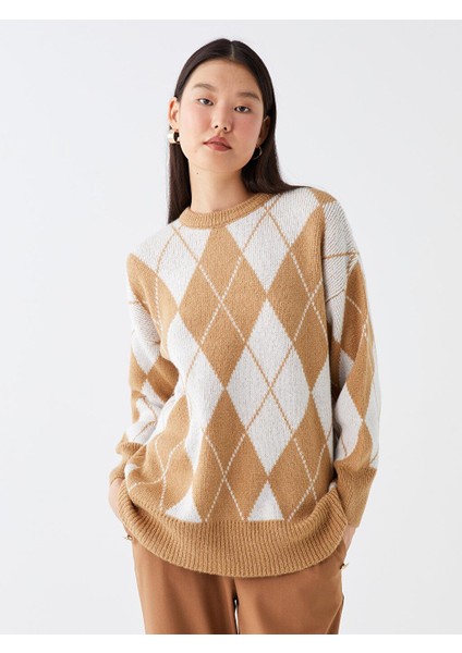 Lcw Modest Bisiklet Yaka Desenli Uzun Kollu Oversize Kadın Triko Kazak