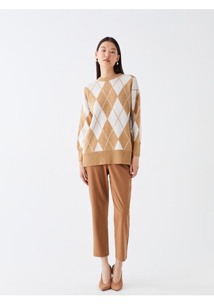 Lcw Modest Bisiklet Yaka Desenli Uzun Kollu Oversize Kadın Triko Kazak